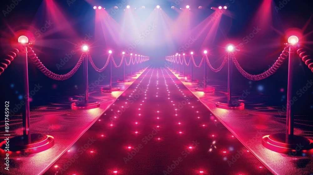 Poster red carpet with ropes and glowing lights on both sides of it. generative ai.