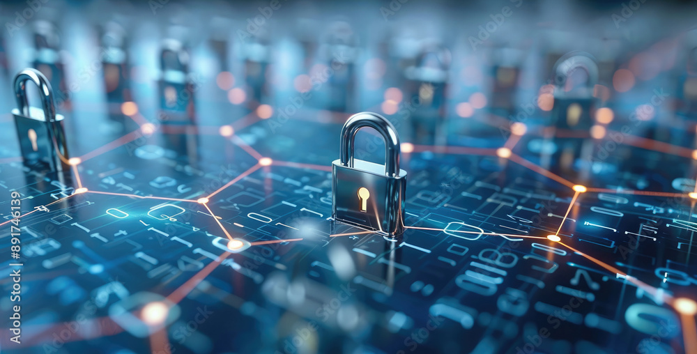 Poster Network security concept, interconnected padlocks forming a network, data flow visualization, secure communication channels, ensuring safe digital interactions. Generative AI.