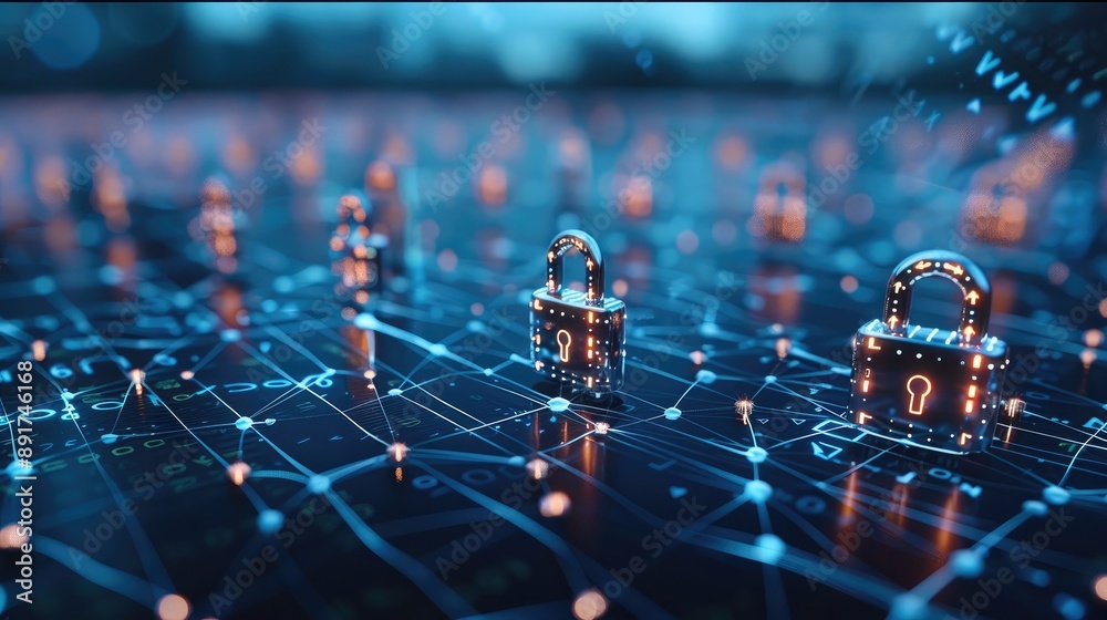 Aufkleber Network security concept, interconnected padlocks forming a network, data flow visualization, secure communication channels, ensuring safe digital interactions. Generative AI.