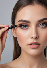 Fototapeta premium A model applying makeup with a determined look, expressing self-confidence. 