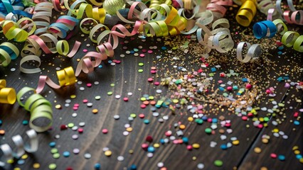 Fototapeta premium Colorful Confetti and Streamers on a Wooden Surface