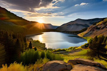 A breathtaking view of a mountainous landscape with a crystal-clear lake reflecting the surrounding peaks. The lush greenery and colorful wildflowers in the foreground add vibrant detail to the serene