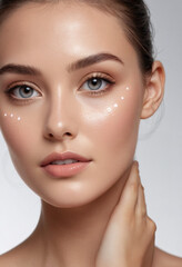 Obraz premium A model with glowing skin using refillable skincare products. 