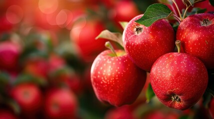 Obraz premium Apple orchard in autumn, trees laden with red apples, soft morning light, picturesque and bountiful