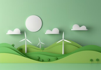 Fototapeta premium green hills with wind turbines, paper art style illustrations, white and light emerald green
