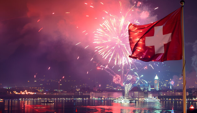 Swiss flag and fireworks light up the sky on Confederation Day