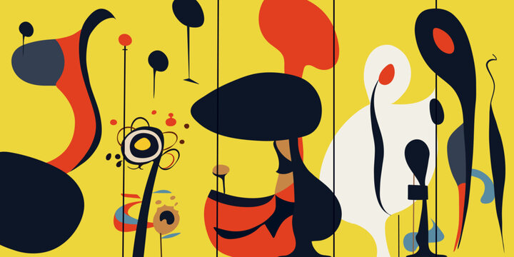 Surreal art illustration in Joan Miro style. Abstract Painting with Geometric Shapes.