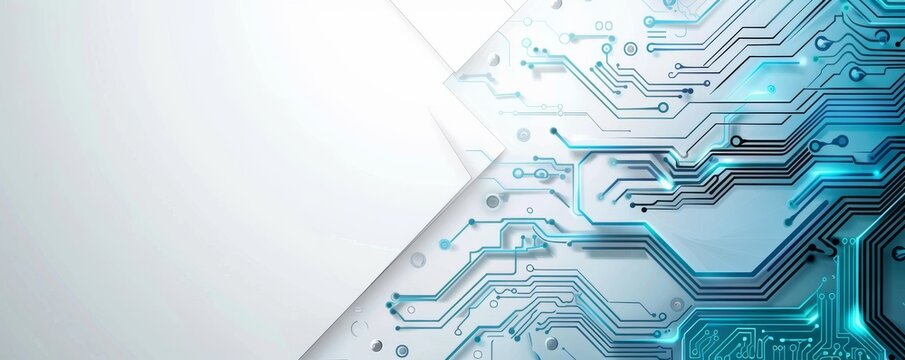 background with white and blue hexagonal shapes, circuit board patterns for technology or digital concept