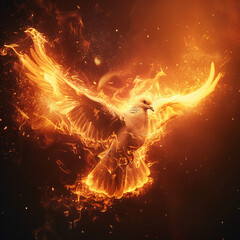 A dove engulfed in fire symbolizing the flames of faith and spirituality, often used in religious art and events