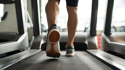 Close-up of man feet on a treadmill running at the gym or at home
