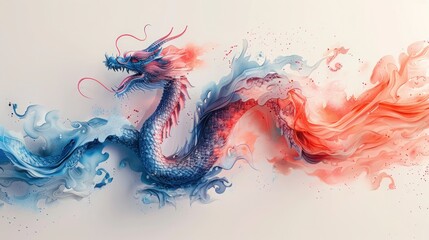 Fototapeta premium Cute Asian Dragon on Pastel Background - Vector Art with Faceted Minimal Abstract Design