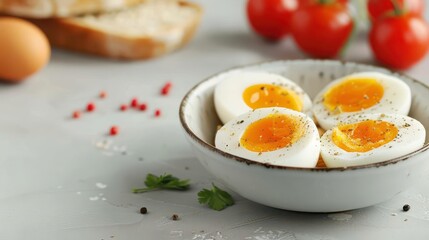 Breakfast table with boiled eggs, whole wheat bread, and fresh tomatoes, simple and healthy meal, natural ingredients