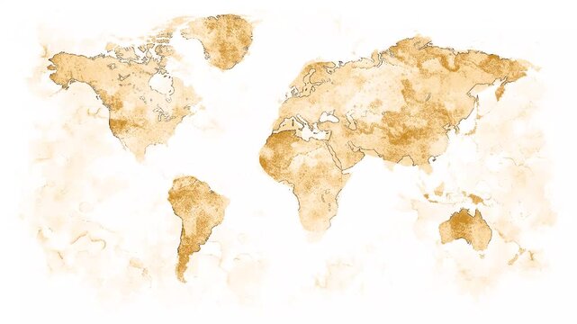 coffee watercolor world map on white wet canvas paper, the globe, sepia old dirty aged look