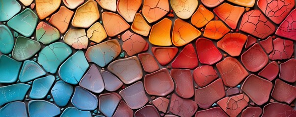 Intricate mosaic made from egg shells, vibrant colors, detailed patterns, artistic craftsmanship, unique recycling art