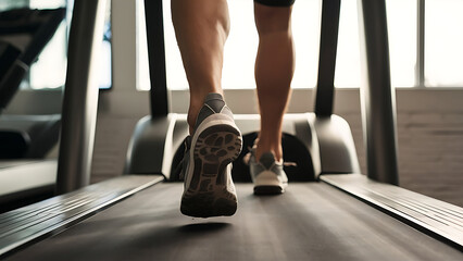 Close-up of man feet on a treadmill running at the gym or at home