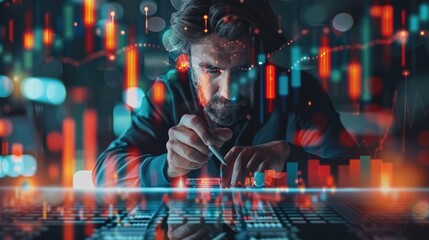 A smart businessman typing financial data on a mobile phone, with a futuristic stock chart graphic overlay, the background features dynamic digital technology elements and crypto currency symbols.