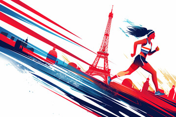 Vibrant vector illustration of French athletic woman running in Paris, Eiffel Tower background with red and blue stripes, white background, no text or symbols