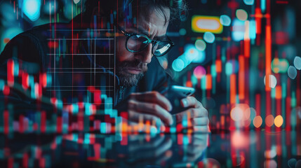 A smart businessman typing financial data on a mobile phone, with a futuristic stock chart graphic overlay, the background features dynamic digital technology elements and crypto currency symbols.