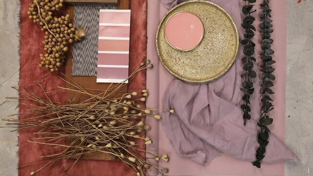 top view of material collage, color palette, mood board for interior design and decor in purple tones