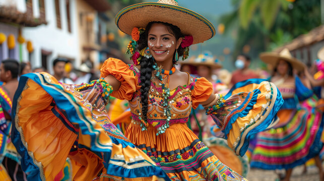 Lively colorful traditional women dancers in sombreros and flashy dresses.