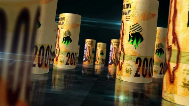 Malawi money Malawian kwachas rolls loop 3d. Money on table. Seamless and loopable abstract concept of economy, finance and business. Camera between 2000 MWK rolled banknotes.