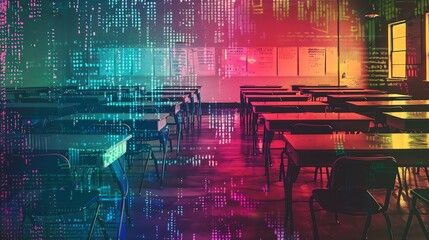 Digital transformation in education. Empty colorful classroom with desks and binary code overlay, symbolizing technology integration.