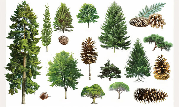 Questa illustrazione botanica dettagliata mostra vari alberi, foglie, pigne e ramoscelli su sfondo bianco.
