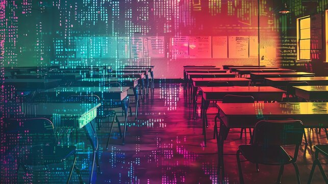 Digital transformation in education. Empty colorful classroom with desks and binary code overlay, symbolizing technology integration.