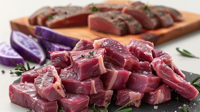 A pile of duck meat and a pile of purple sweet potato wedges. Generative AI.