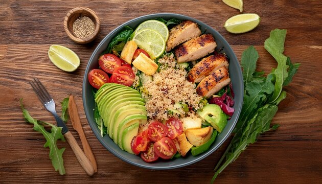 A colorful and fresh salad bowl with a bed of quinoa, chopped tomatoes, grilled chicken stri 