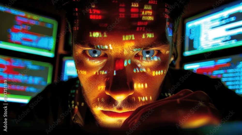 Poster a close-up view of a hacker working late at night. his face is illuminated by the glow of multiple c