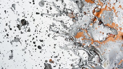 Create a splash background with abstract, metallic paint splatters in silver and copper tones, set against a white backdrop for a modern and sophisticated vibe.