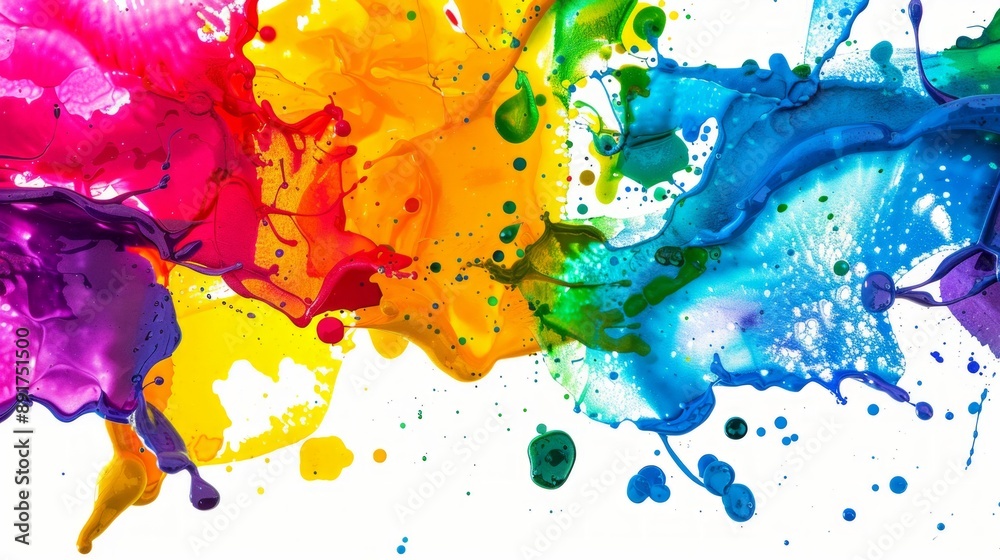 Poster create a splash background with vibrant rainbow-colored paint splatters, dynamically arranged on a s