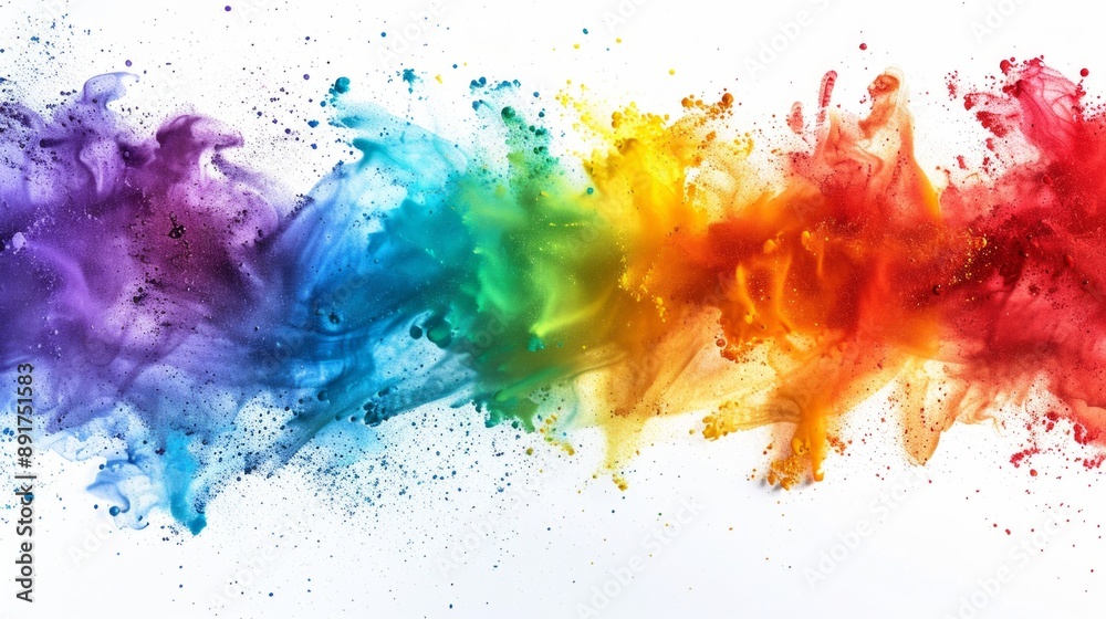 Poster create a splash background with vibrant rainbow-colored paint splatters, dynamically arranged on a s