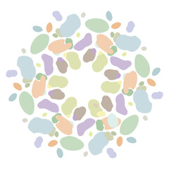 Abstract Color dots frame, border, circle made of Uneven blobs, drops, spots, specks, flecks, splashes. Lilac, violet, floral, lavender colors. Round Shapes background with space for text, lettering.
