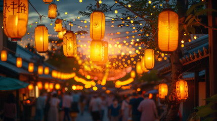 Obraz premium Evening Street Festival with Hanging Lanterns and Crowd