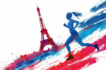 Vibrant vector illustration of French athletic woman running in Paris, Eiffel Tower background with red and blue stripes, white background, no text or symbols