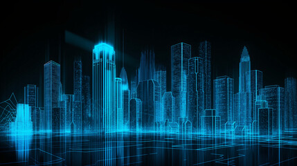 Obraz premium A digital illustration of a futuristic city skyline rendered in neon blue lines against a dark background. The skyscrapers indicate advanced technology and urban development
