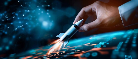 Hand touching rocket icon with digital connections on dark background, symbolizing business startup