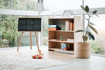 Home, development and empty playroom for learning with toys and creative space, chalkboard or furniture for games. House, lounge and background for playtime or homeschool education with mockup