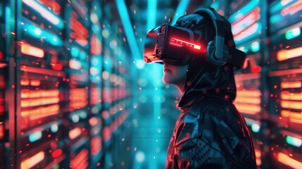 A hooded figure wearing a virtual reality headset stands in a server room, surrounded by glowing red and blue lights