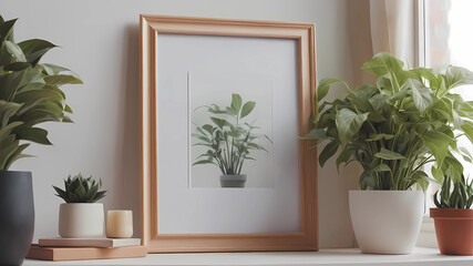 cozy room, close-up of picture frame mockup, plants, window, vase