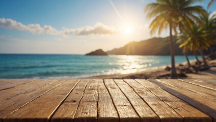 Brown wooden table, sea view background, blurred