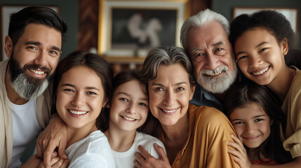 Obraz premium Hyper-realistic portrait of a multi-generational family, various ethnicities, genuine smiles, style
