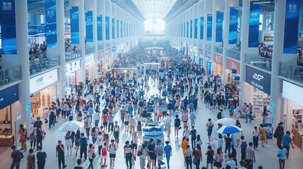 Obraz premium An extremely large crowd of young people at the bustling job fair in China. The entire scene has white and blue walls with many high-tech booth stalls displaying various products on both sides.