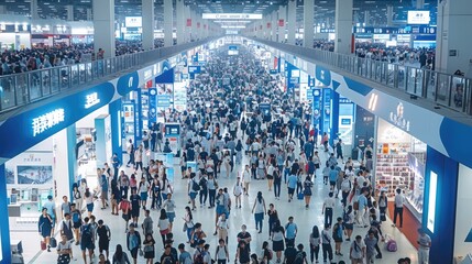 Fototapeta premium An extremely large crowd of young people at the bustling job fair in China. The entire scene has white and blue walls with many high-tech booth stalls displaying various products on both sides.