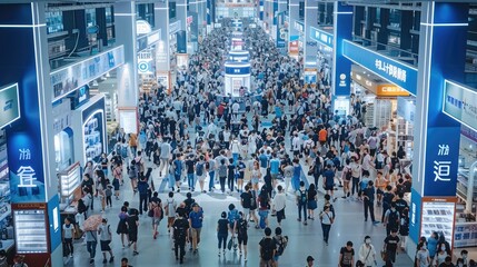 An extremely large crowd of young people at the bustling job fair in China. The entire scene has white and blue walls with many high-tech booth stalls displaying various products on both sides.