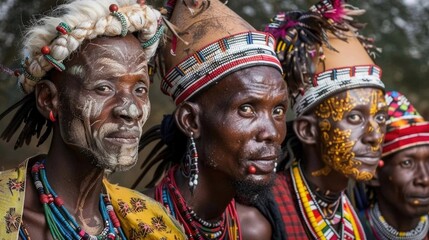 Aborígenes de tribu africana  posando ante las cámaras con sus mascaras y maquillajes tribales.