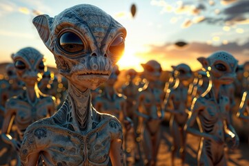 A group of tall, thin humanoid figures with large dark eyes standing in the desert against a sunset background.