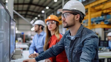 Grupo de ingenieros revisando, analizando proyectos industriales. Concepto de productividad y trabajo en grupo en la industria.